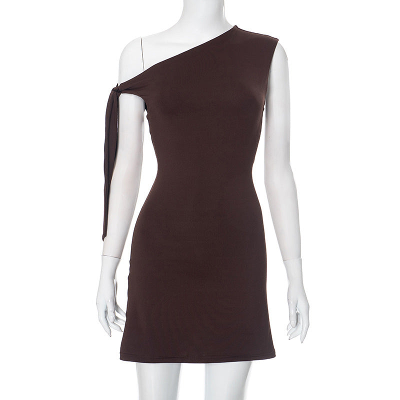 Women's Diagonal Collar One-shoulder Lace-up Dress