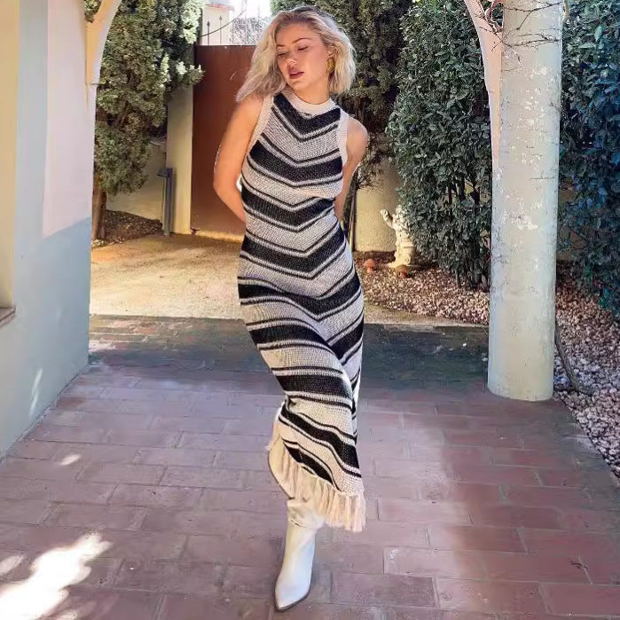 Sexy Tight Striped Tassel Knitted Dress