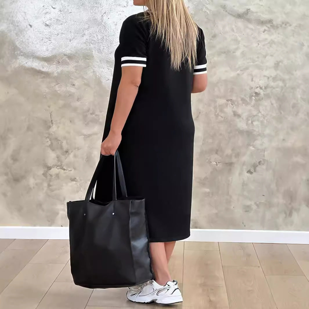 Fashionable Loose Simple V-Neck Short-Sleeve Split Dress