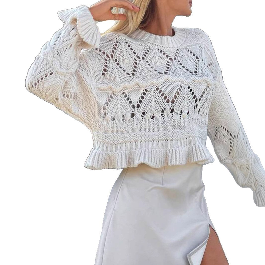 Women's Fashionable White Crocheted Round Neck Long Sleeve Hollow Sweater