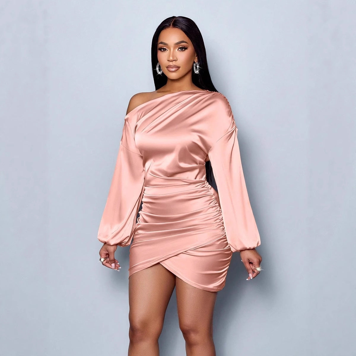 Womens Solid-Color One-Shoulder Long-Sleeve Satin Dress