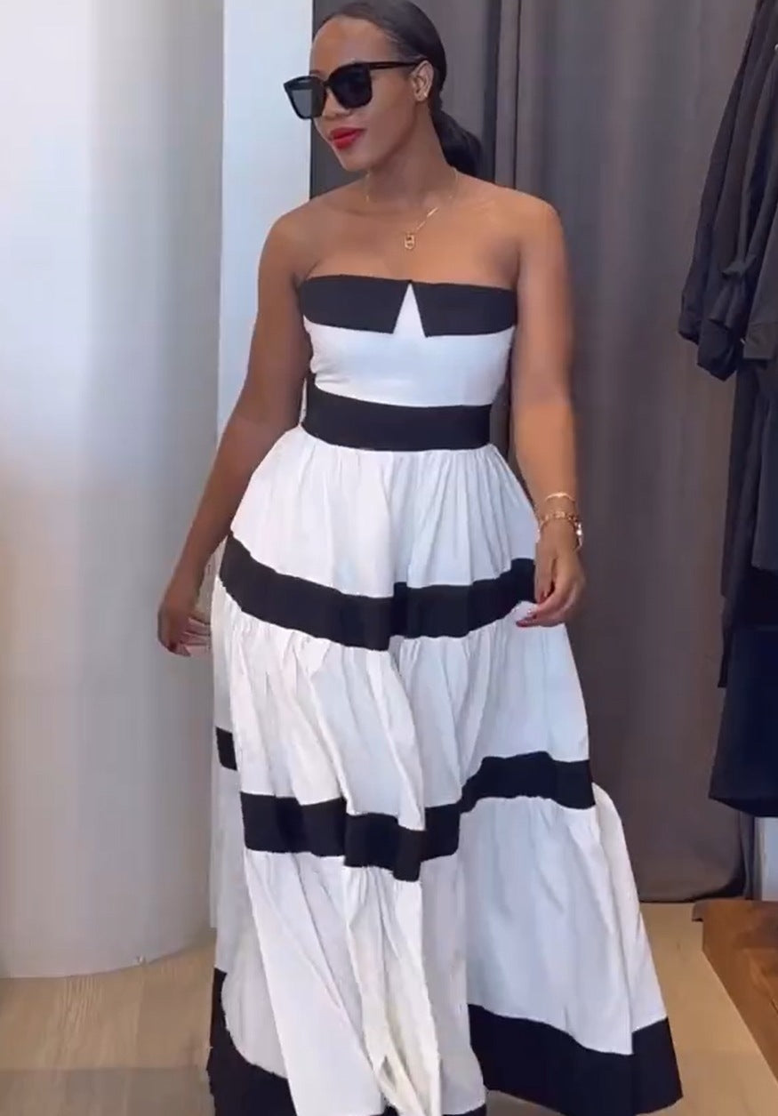 Elegant Contrast Color Off-the-shoulder Striped Dress