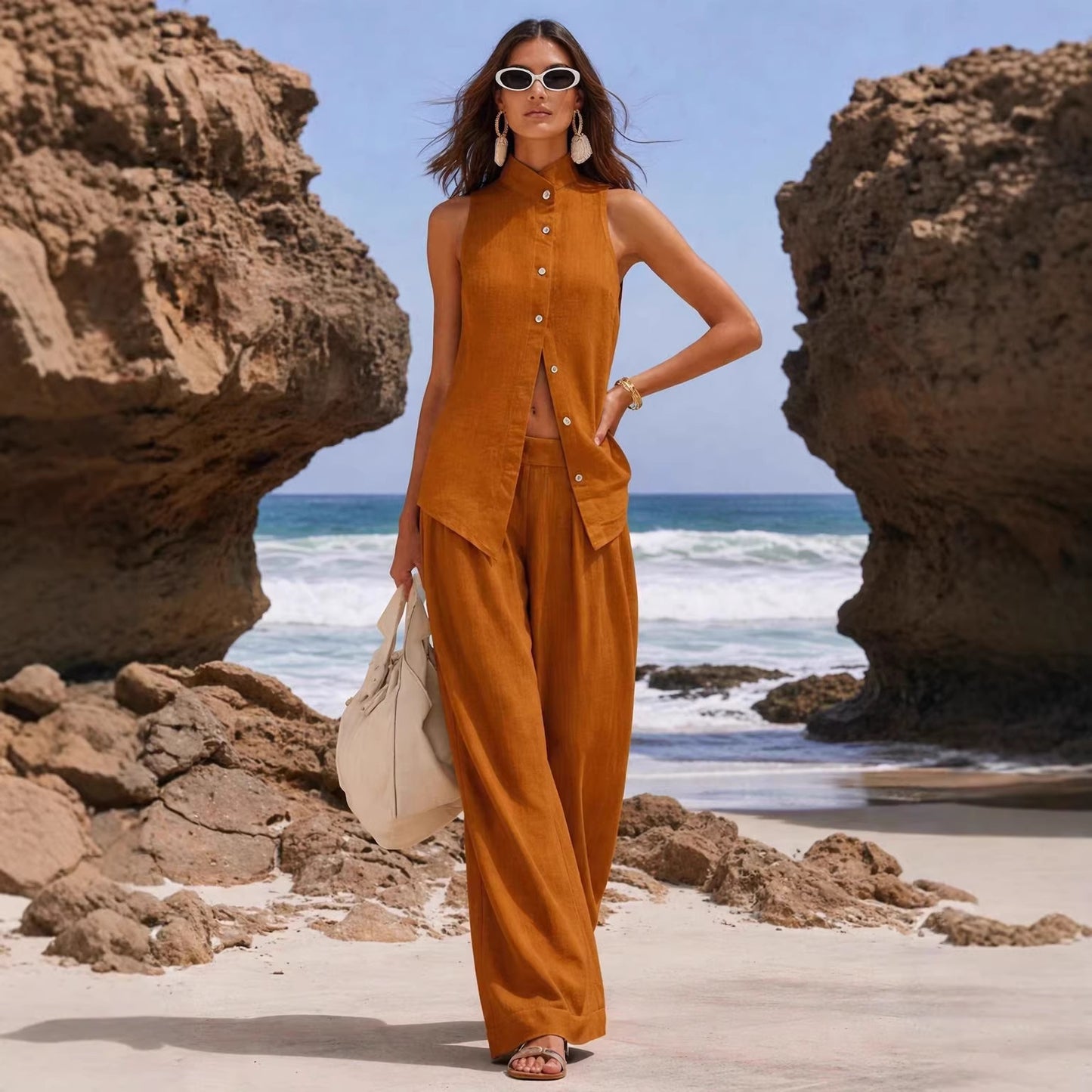 Front-button Cardigan Cotton Top And Pants Set