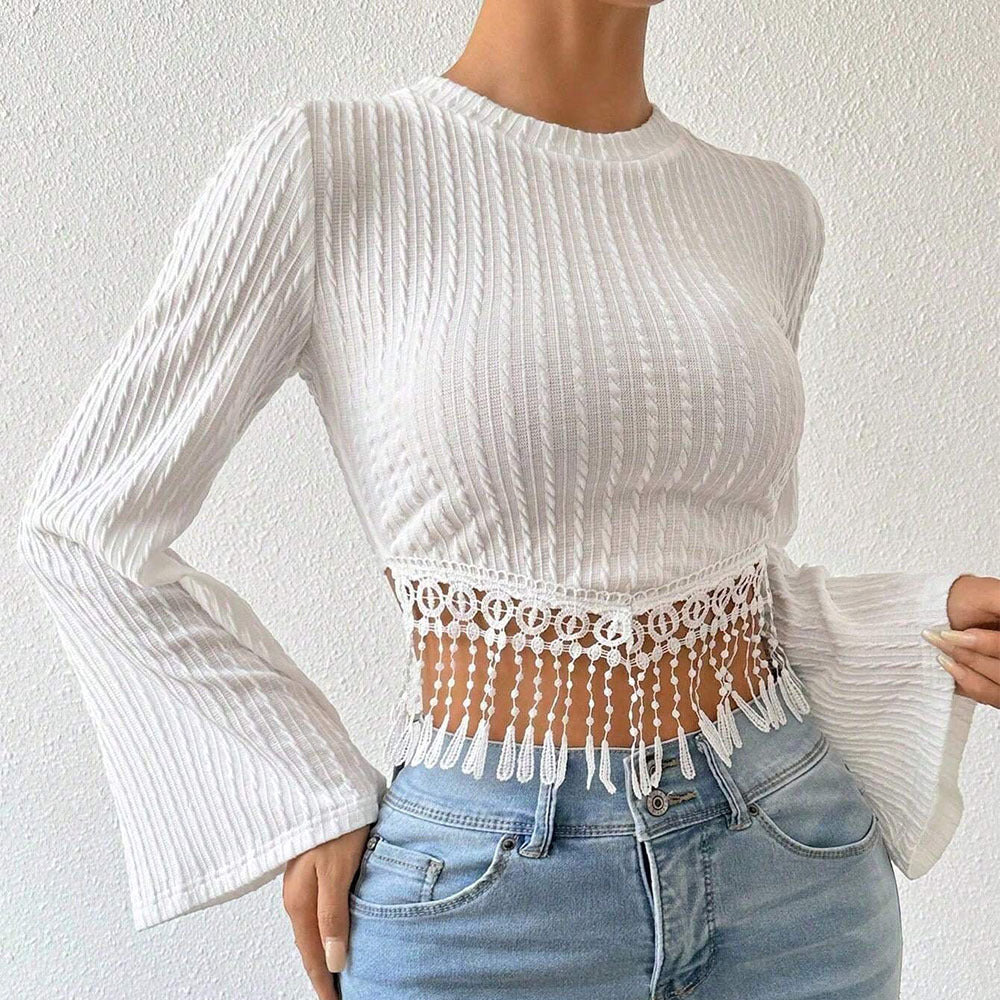 Women's Literary And Elegant Style T-shirt, Autumn And Winter Fringe Design Sense Bell Sleeve Short Top
