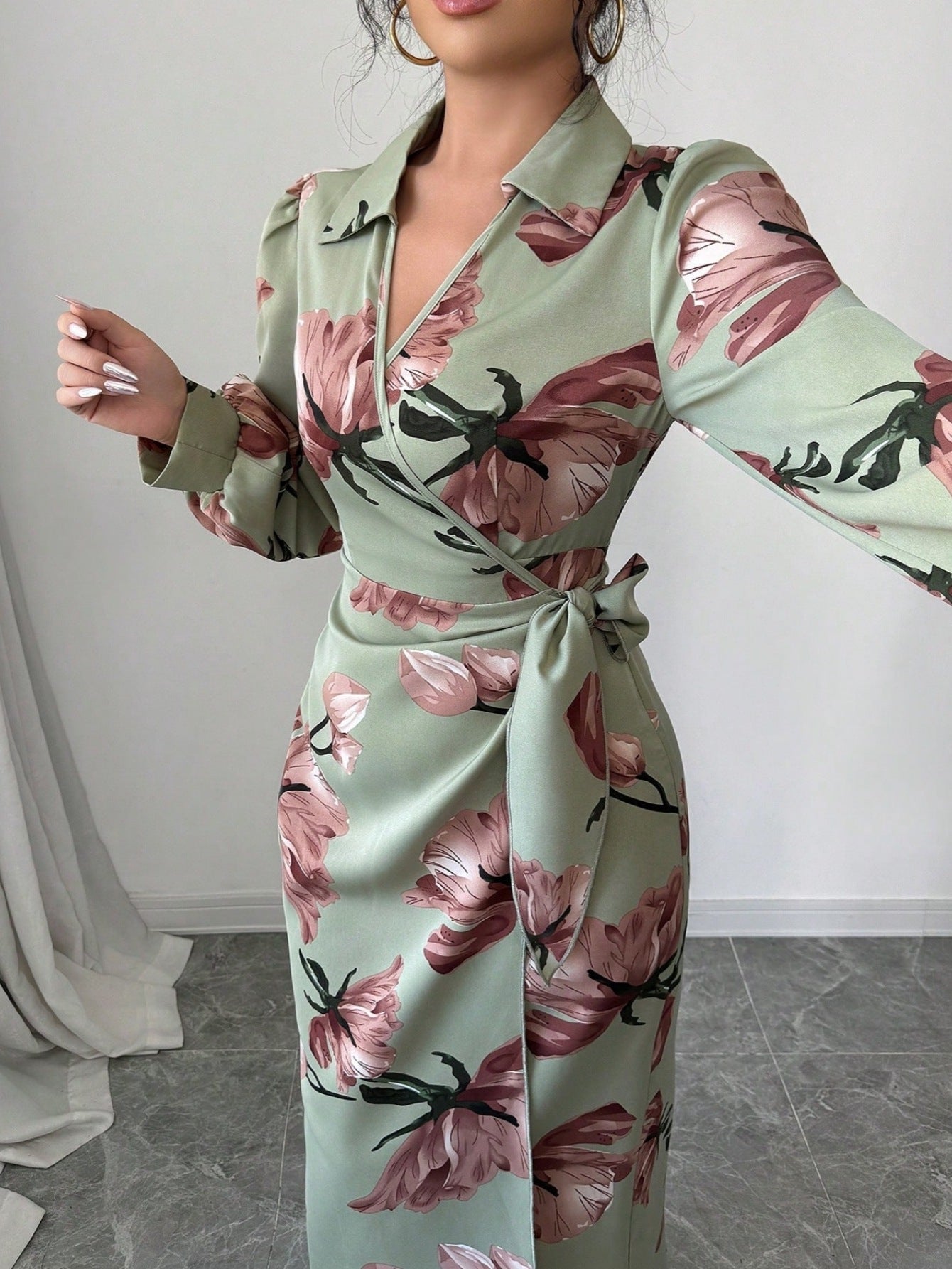 Long Sleeve Printed Tie Dress