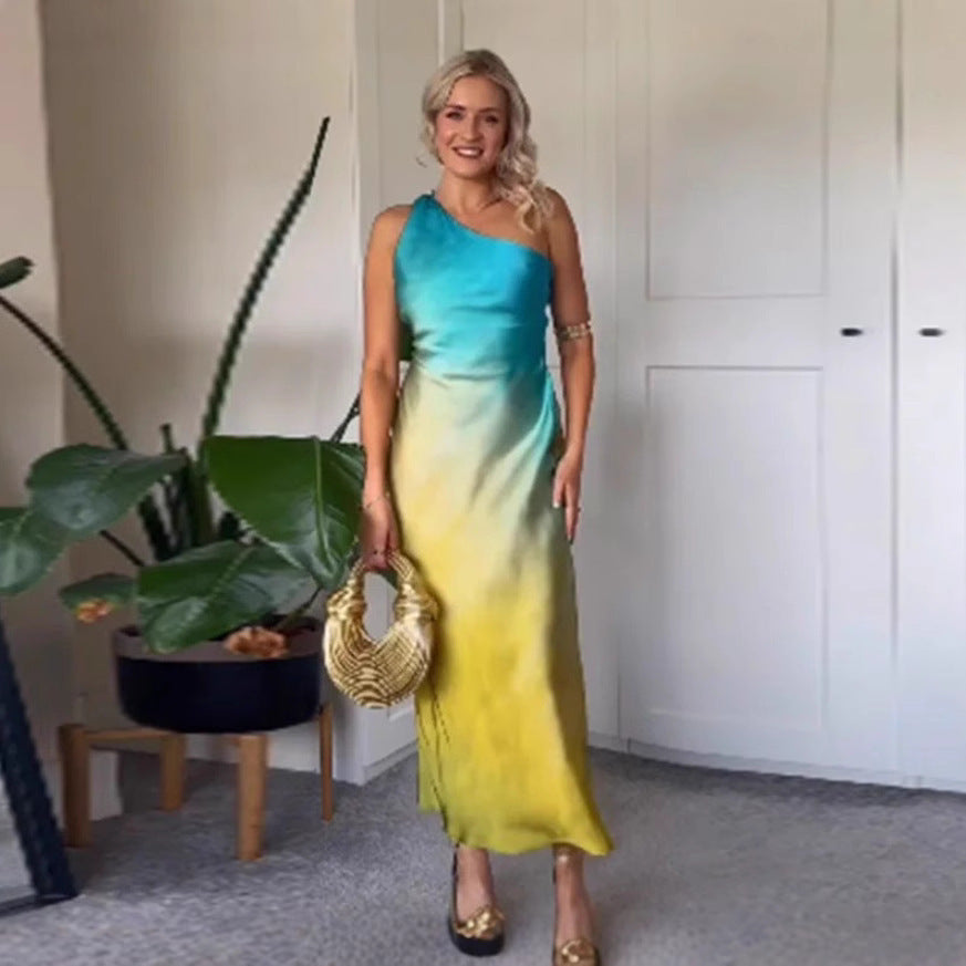 Women's Asymmetric Silk Satin Texture Backless Fashion Dress