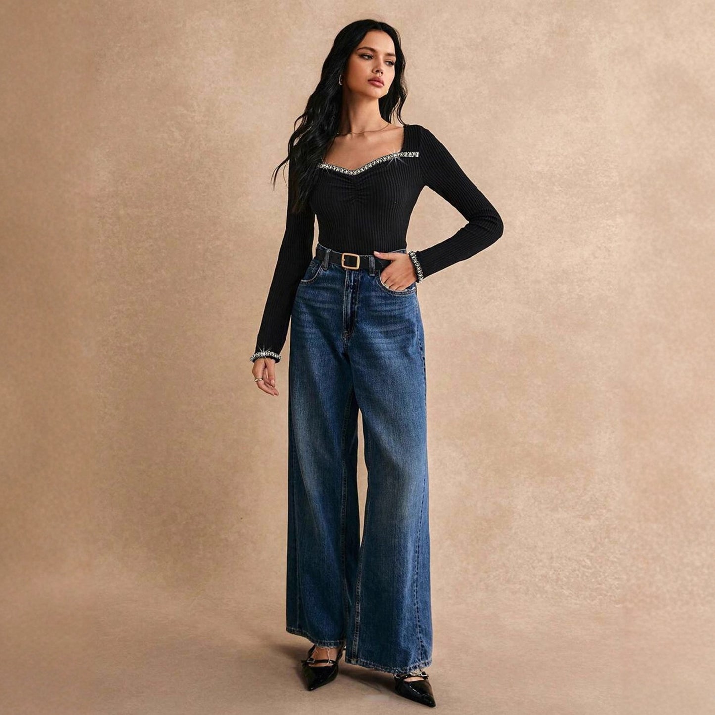 Women's Rhinestone-Embellished Slim-fit Long-sleeve T-shirt Fashion Base Layer Top