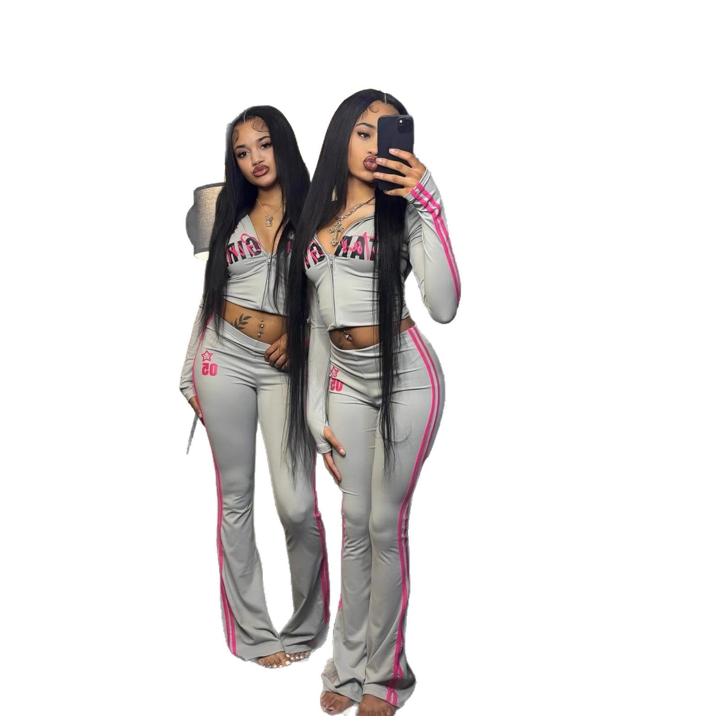 Women's Fashionable  Casual  Versatile  Color-blocked Retro-style Sporty Printed Top And Pants Set