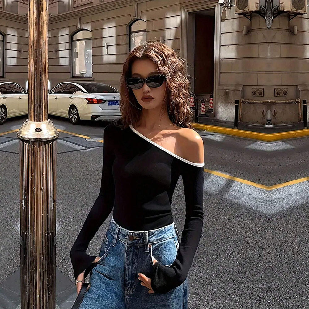 European And American Fashion Style Oblique Collar T-shirt Unique Design Sense For Autumn And Winter Niche Off-shoulder Top