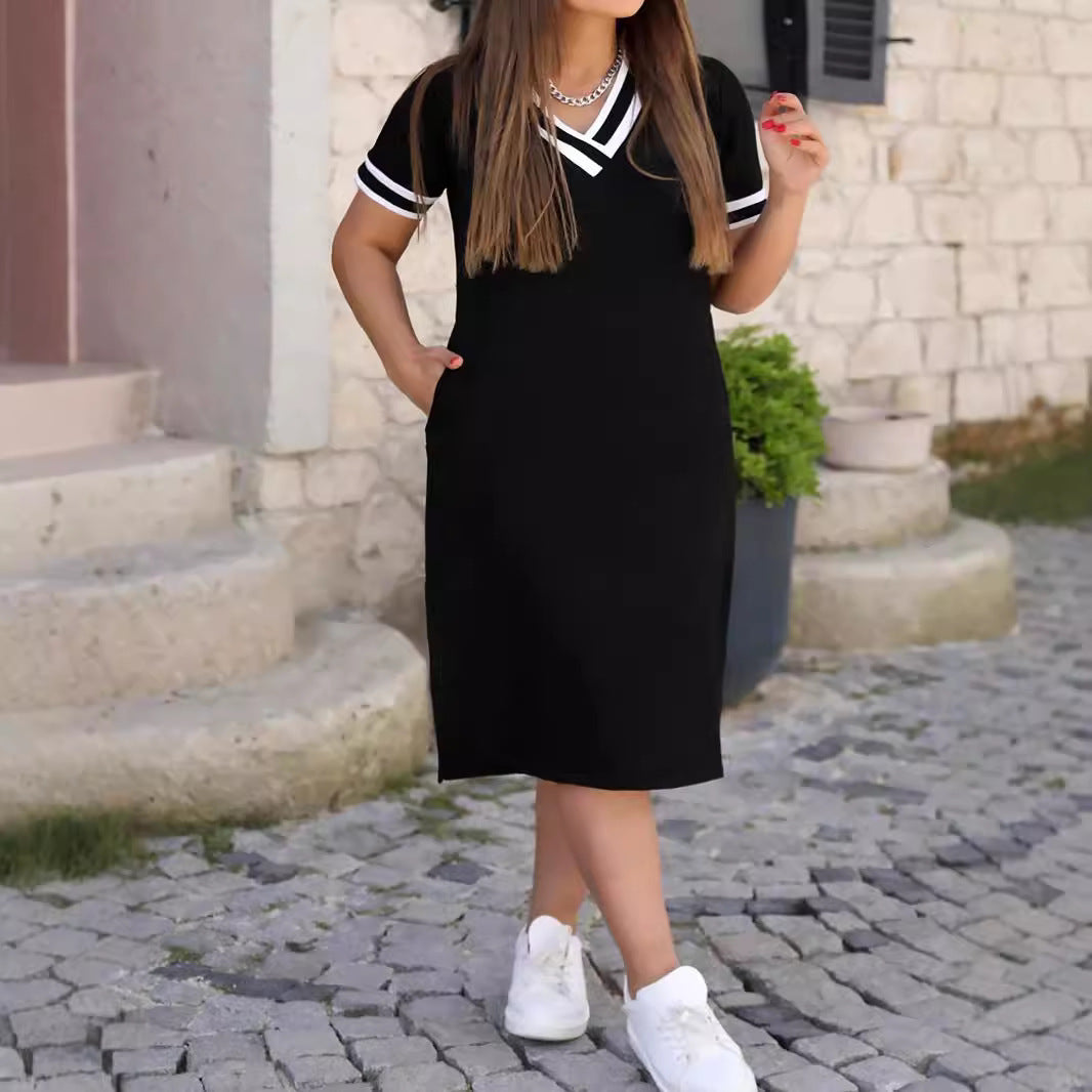 Fashionable Loose Simple V-Neck Short-Sleeve Split Dress