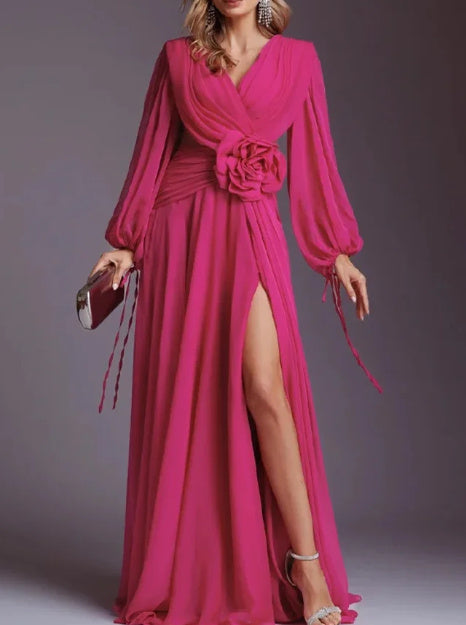 Flower Pleated Chiffon Wedding Dress Long Buff Sleeve Flowy V-neck Maxi Dress