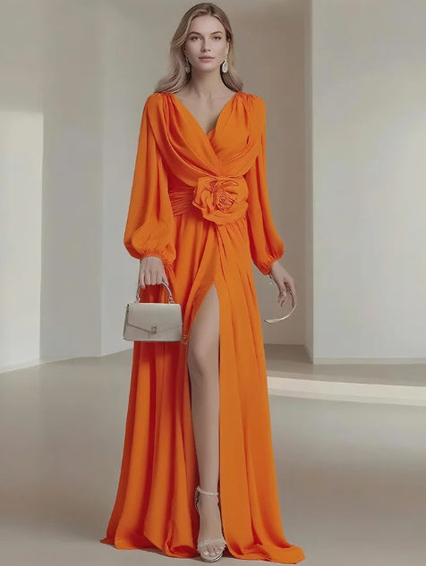 Flower Pleated Chiffon Wedding Dress Long Buff Sleeve Flowy V-neck Maxi Dress