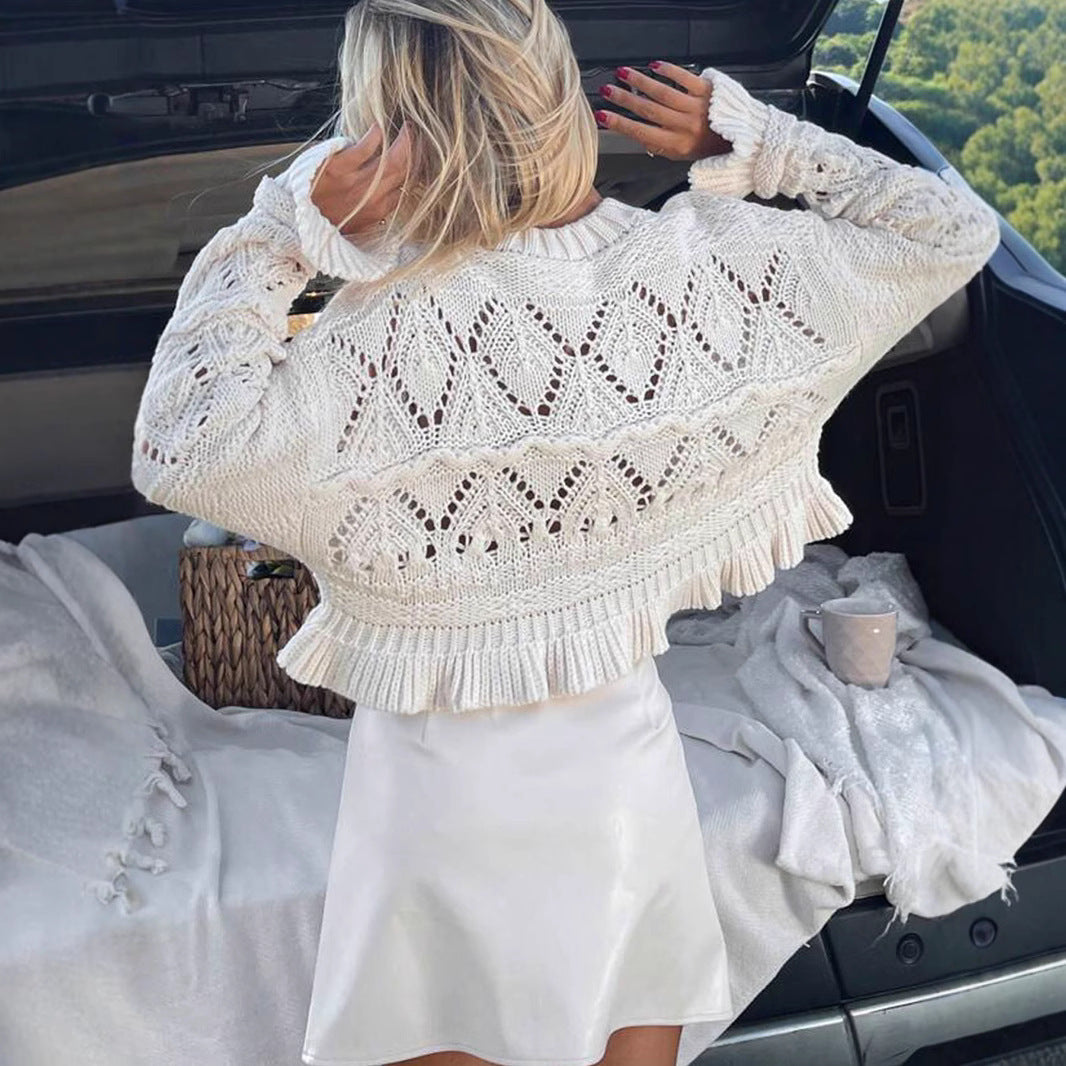 Women's Fashionable White Crocheted Round Neck Long Sleeve Hollow Sweater