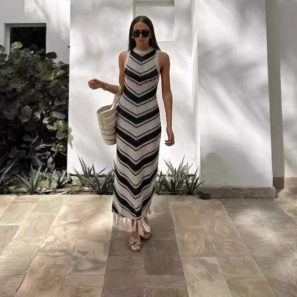 Sexy Tight Striped Tassel Knitted Dress