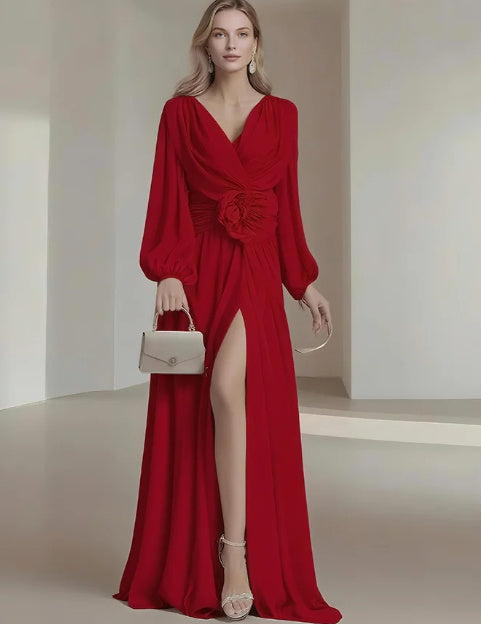 Flower Pleated Chiffon Wedding Dress Long Buff Sleeve Flowy V-neck Maxi Dress