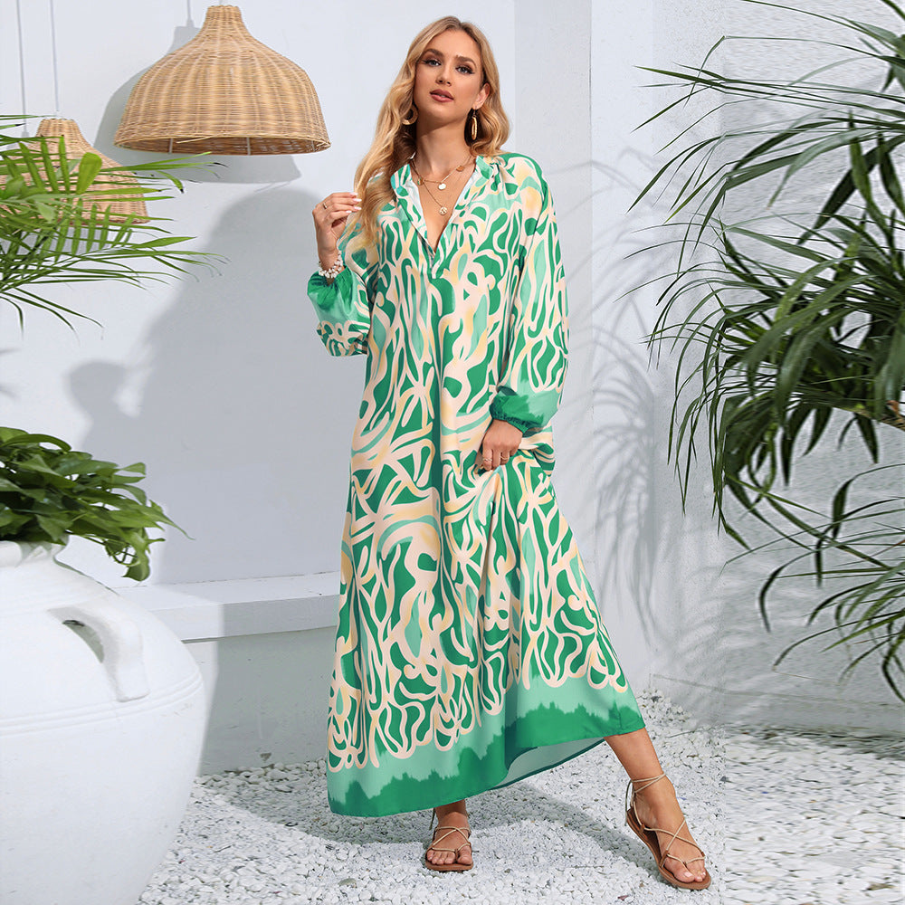 V-neck Abstract Printing Loose Long Style Long Sleeve Women's Dress