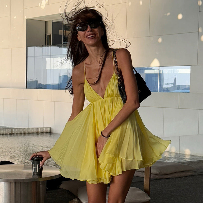 Elegant High-waisted V-neck Slip Dress With Strappy Back