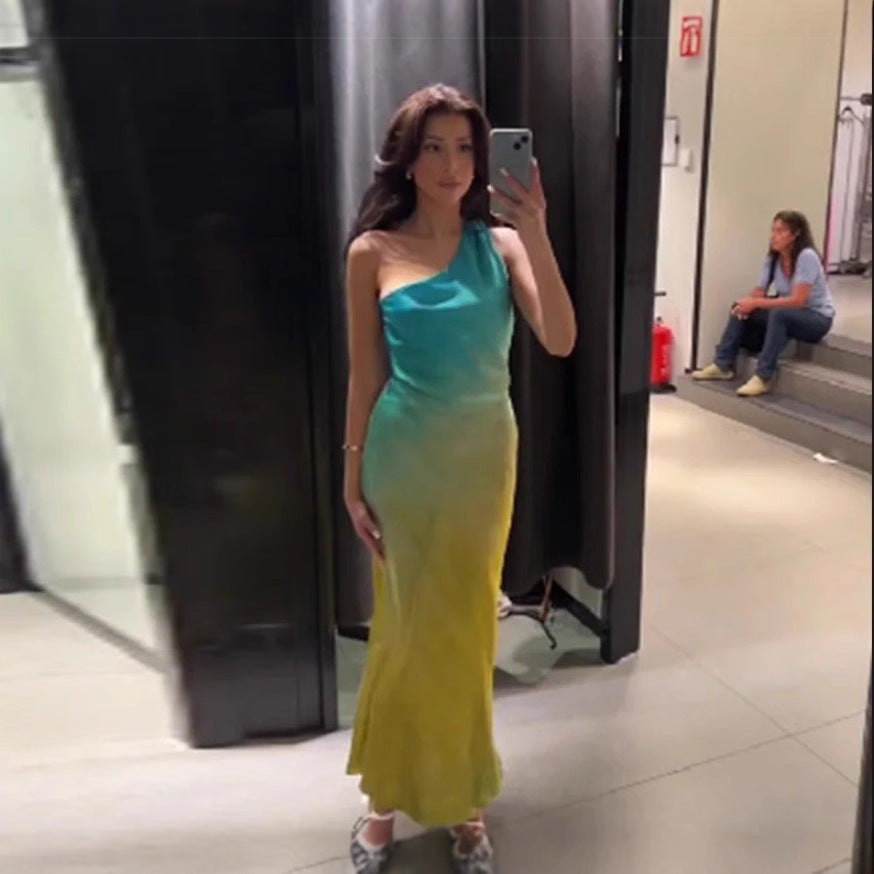 Women's Asymmetric Silk Satin Texture Backless Fashion Dress