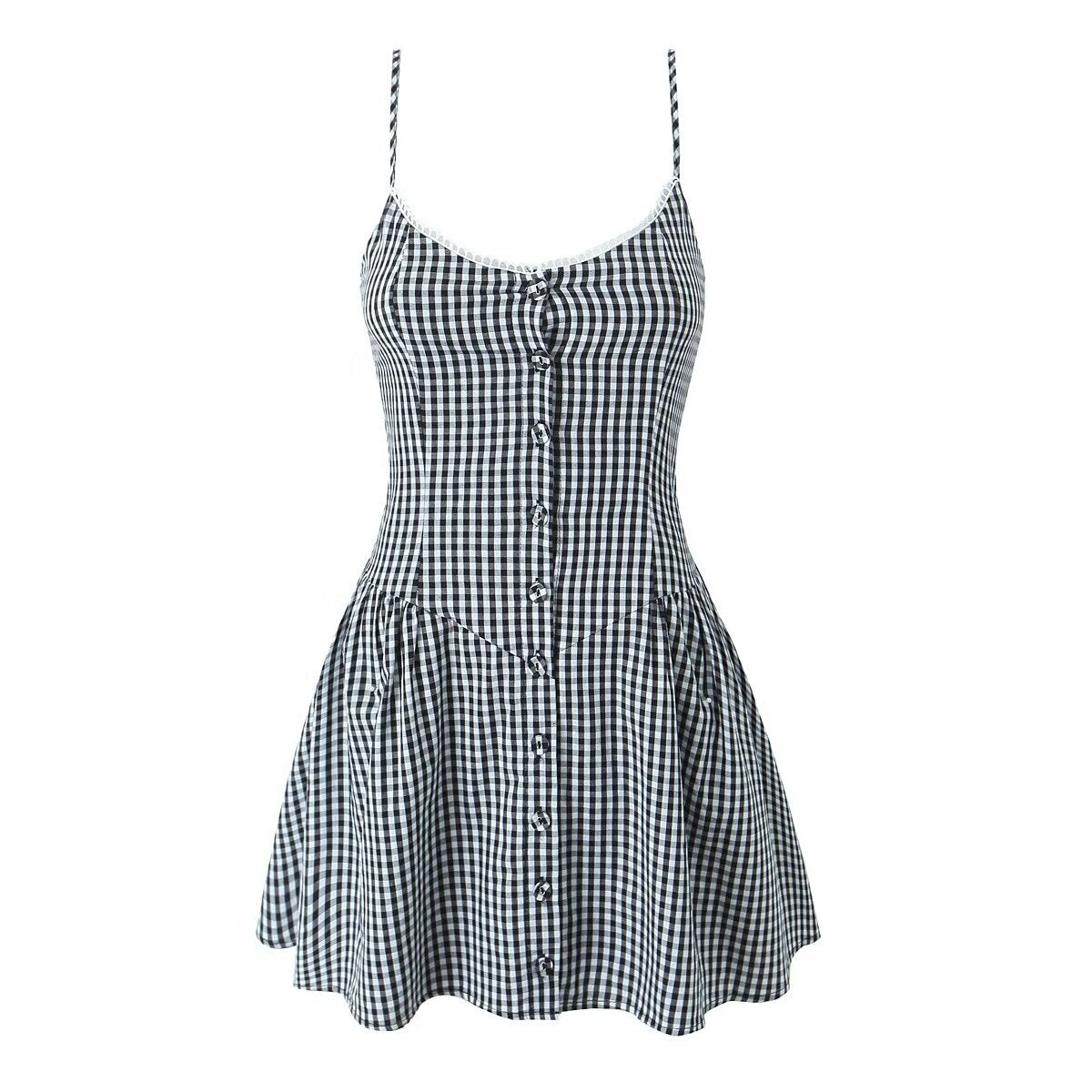 European And American Fashion Two-tone Plaid Button Decoration Sling Dress
