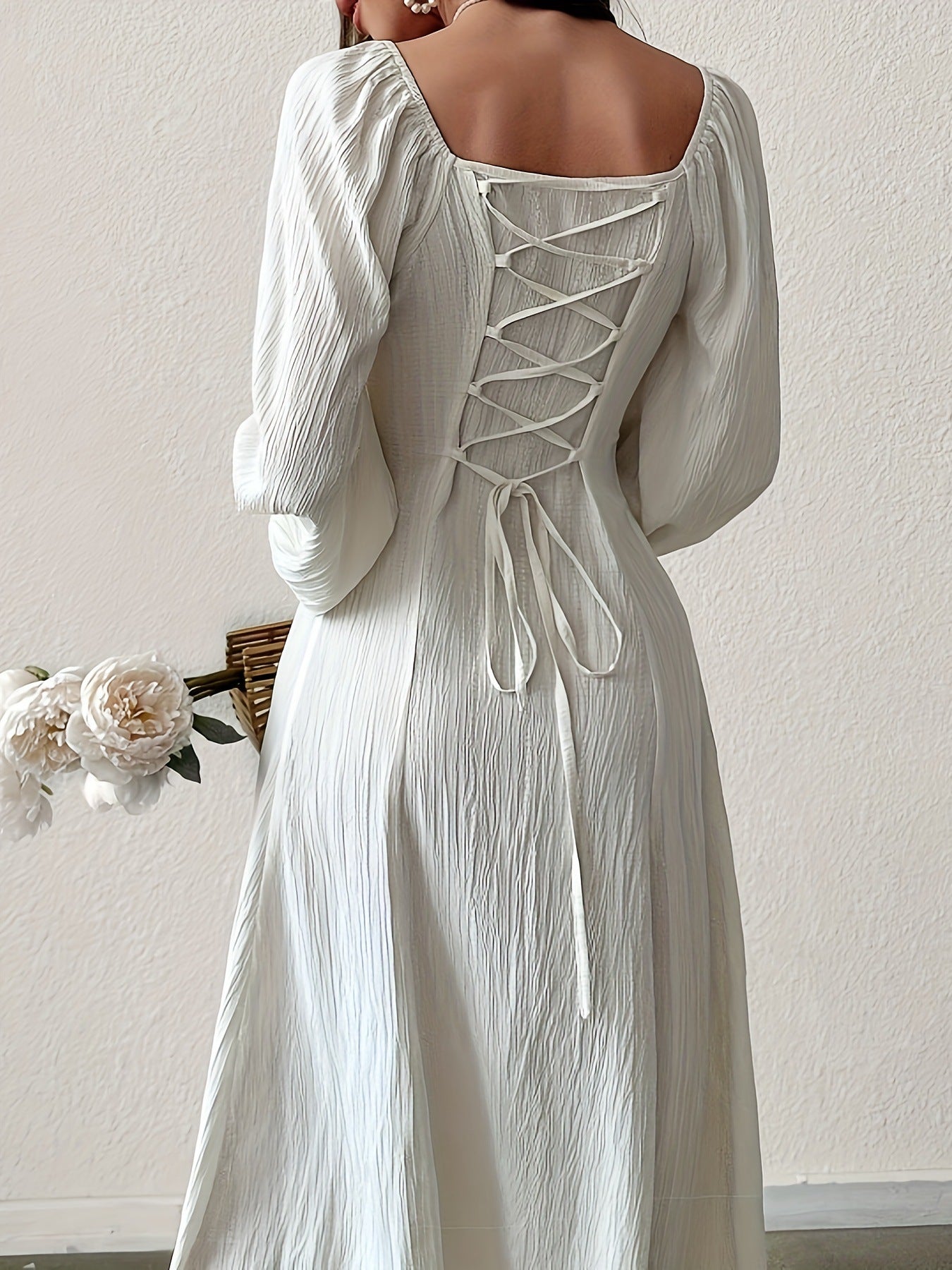 Stunning Textured Cross Tie Lantern Sleeve Midi Dress