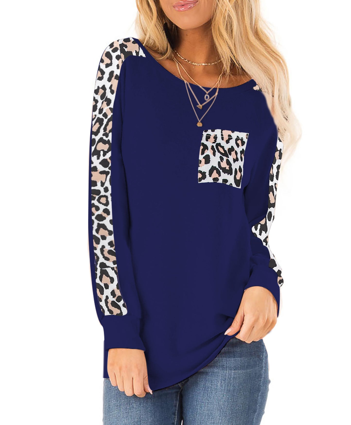 Long Sleeve Leopard Splicing Top Pocket Round Neck Pullover