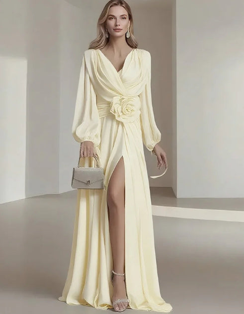 Flower Pleated Chiffon Wedding Dress Long Buff Sleeve Flowy V-neck Maxi Dress