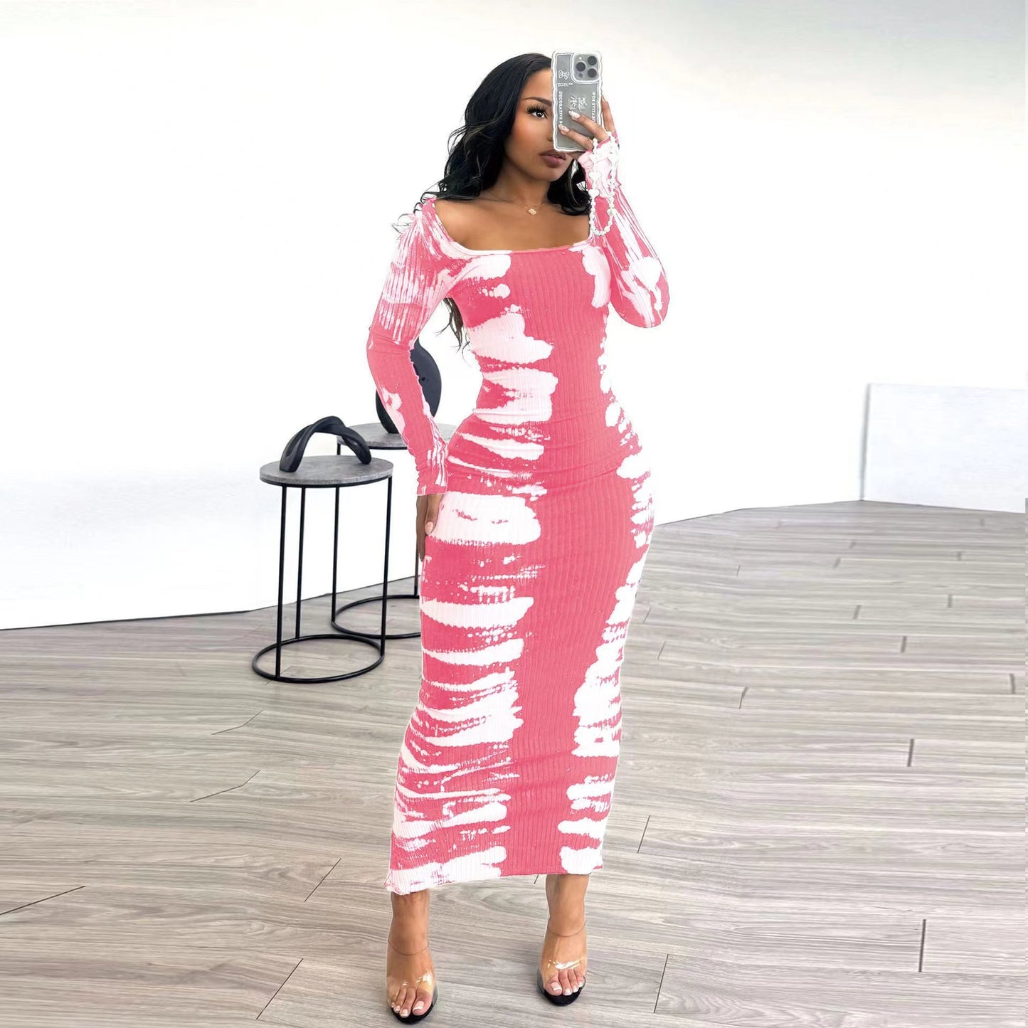 Color Contrast Long Sleeve Square-neck Sheath Dress