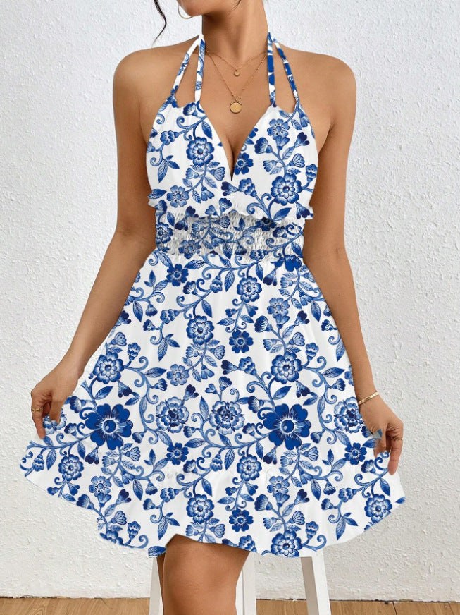 European And American Women Printed Sexy Halter Spaghetti Straps Dress