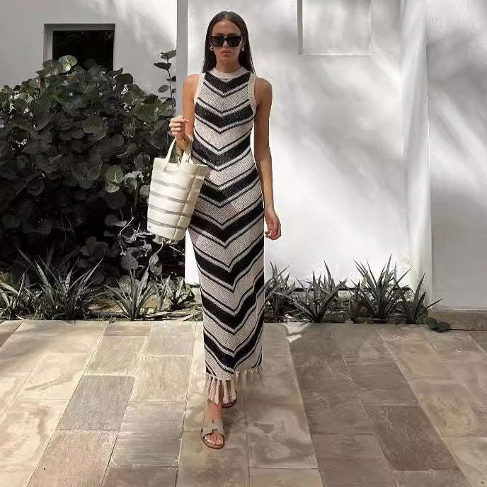 Sexy Tight Striped Tassel Knitted Dress