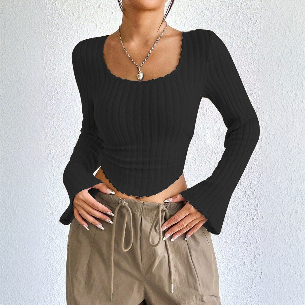 Autumn And Winter New Women's Fashion Elegant Style T-shirt Square Neck Bell Long Sleeve Top