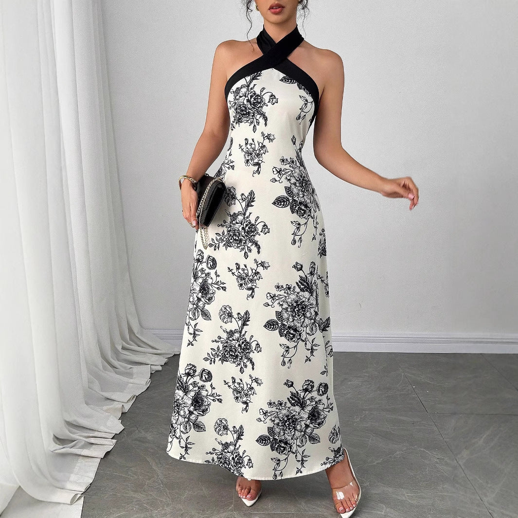 Women's Elegant Apricot Floral Cross-Neck Off-Shoulder Fashion Dress