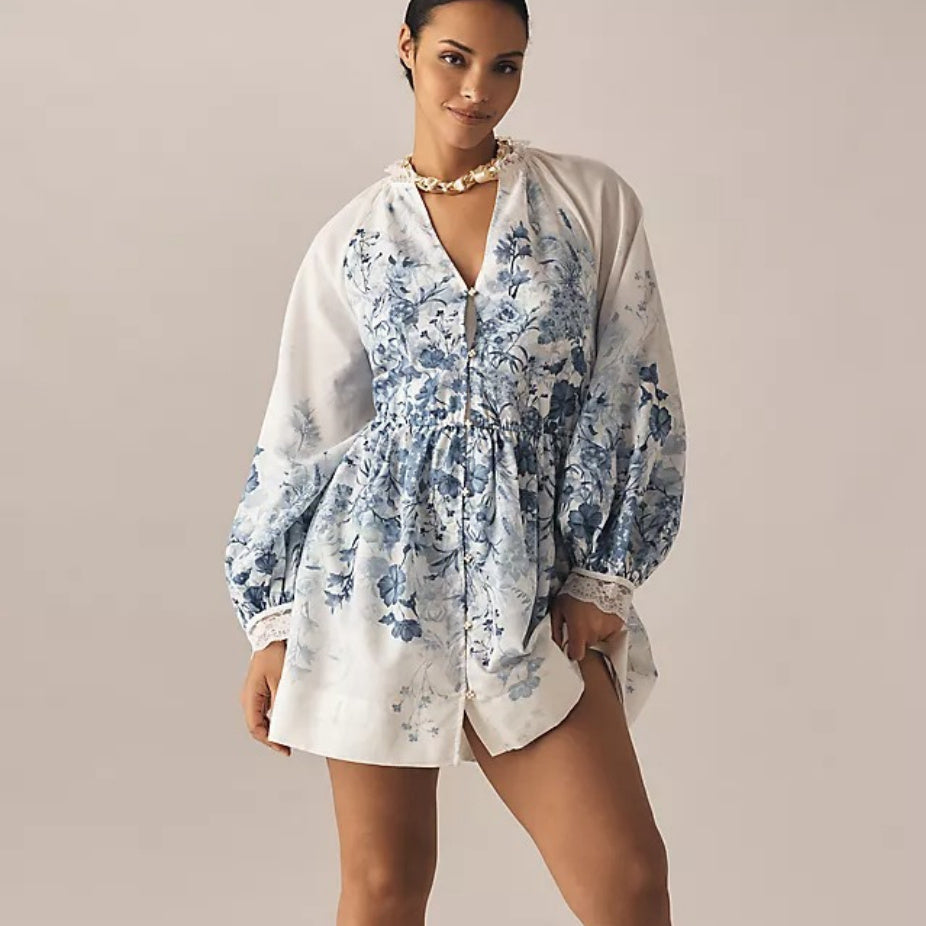 Women's Clothing Floral Vintage Stand-up Collar Puff Sleeve Dress