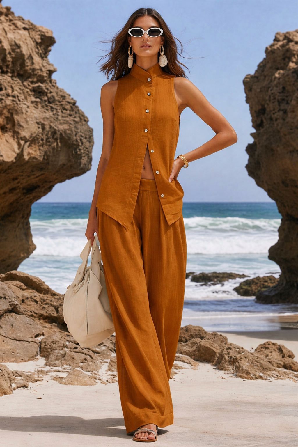 Front-button Cardigan Cotton Top And Pants Set