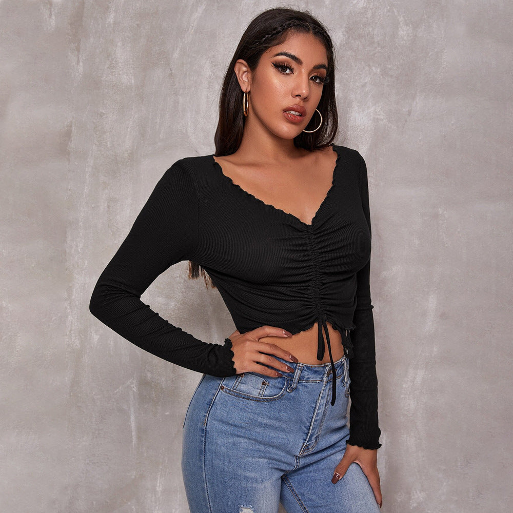 European And American V-neck Long-sleeved T-shirt