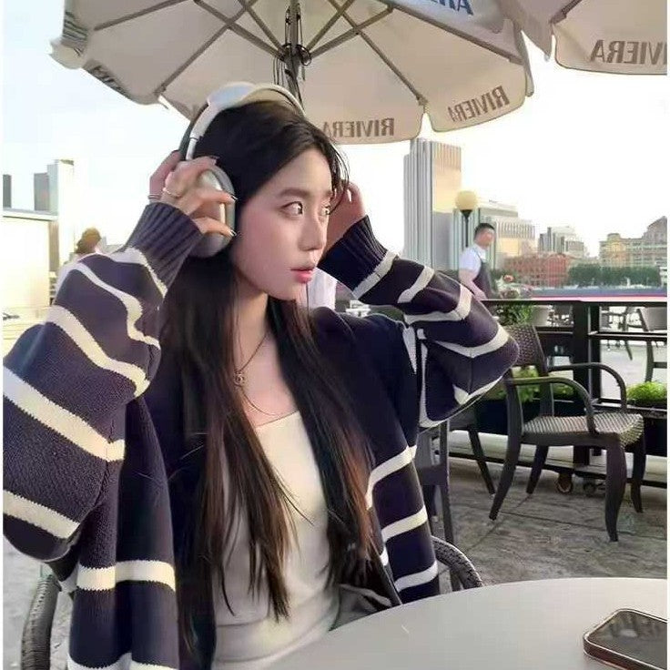 Striped Knitted Cardigan Women's Loose