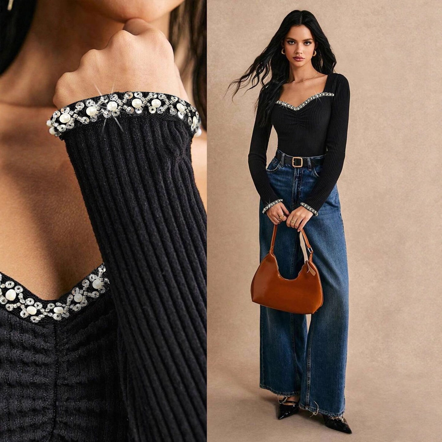 Women's Rhinestone-Embellished Slim-fit Long-sleeve T-shirt Fashion Base Layer Top