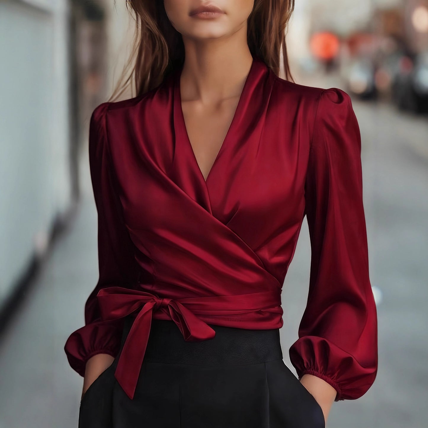 Womens Solid-Color V-Neck Elegant Satin-Bonded Shirt