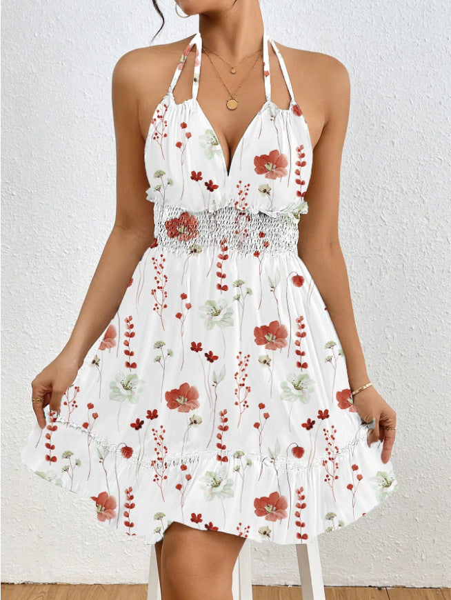 European And American Women Printed Sexy Halter Spaghetti Straps Dress