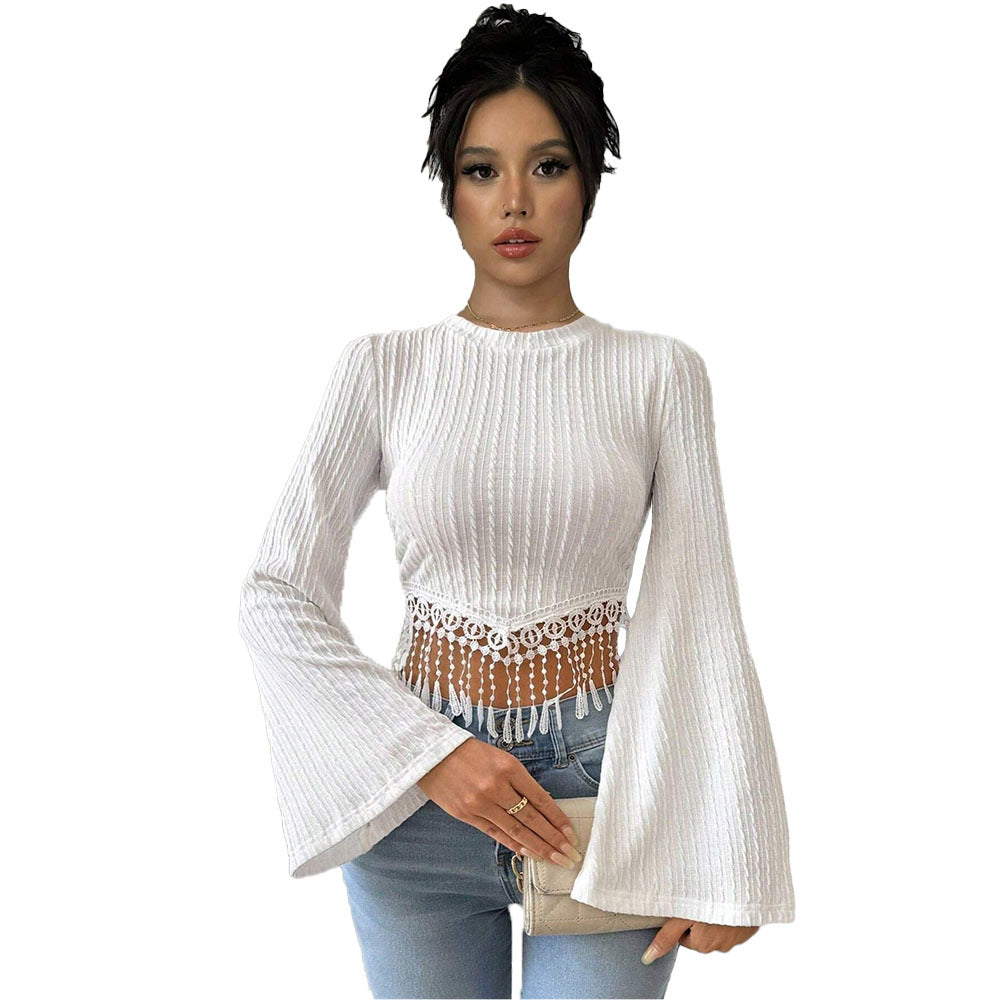 Women's Literary And Elegant Style T-shirt, Autumn And Winter Fringe Design Sense Bell Sleeve Short Top