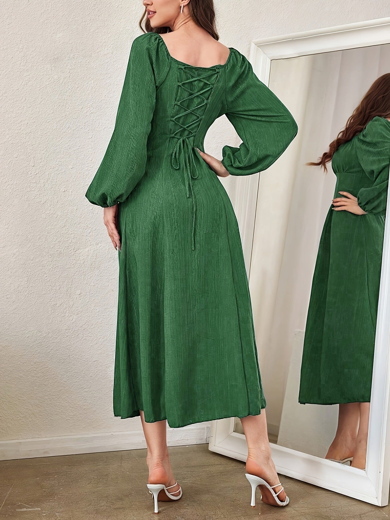 Stunning Textured Cross Tie Lantern Sleeve Midi Dress