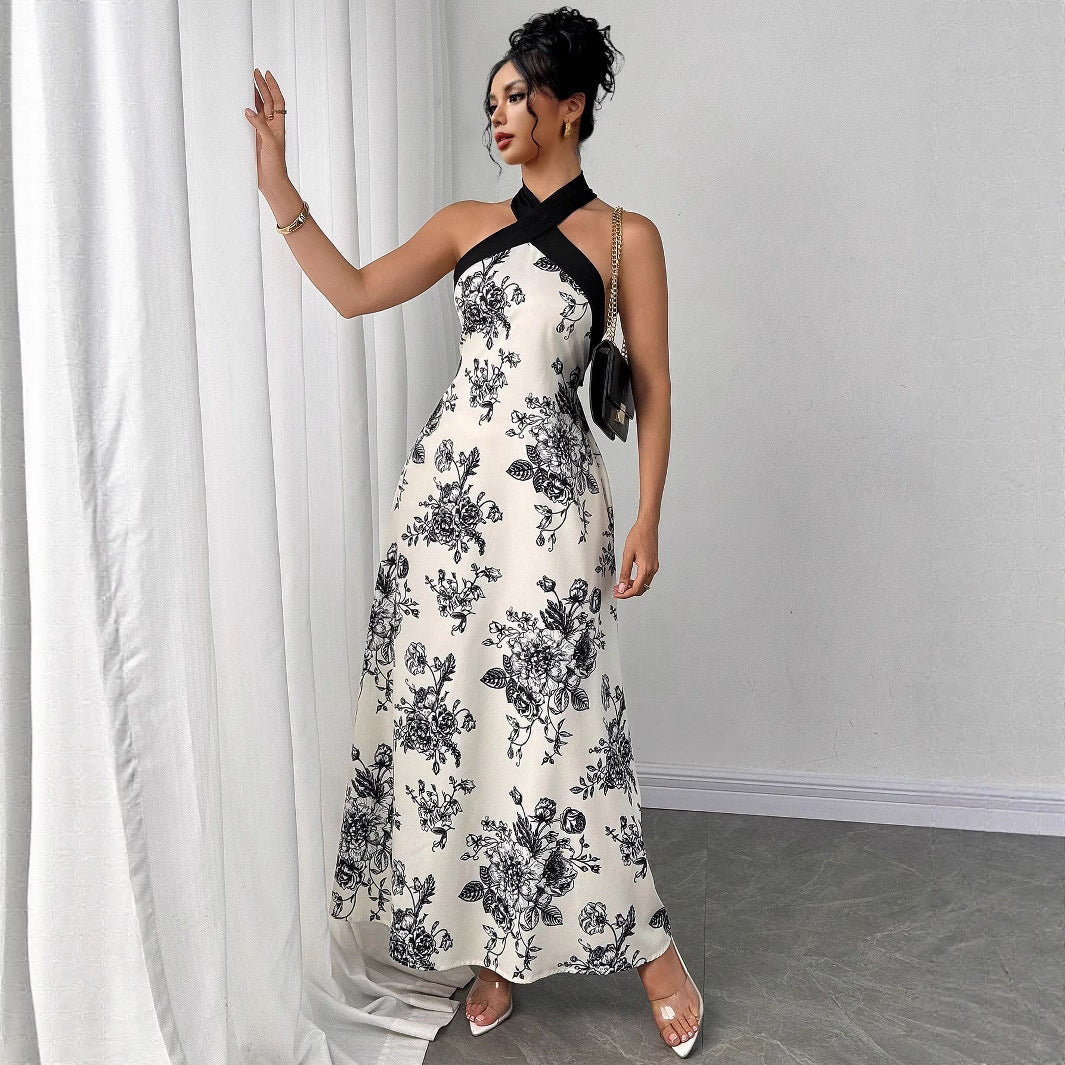 Women's Elegant Apricot Floral Cross-Neck Off-Shoulder Fashion Dress