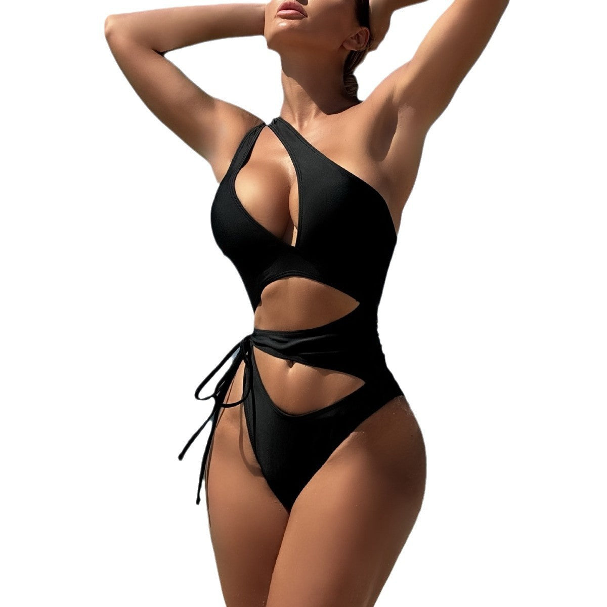Sexy Solid Color Hollow Drawstring Strap Swimsuit Bikini