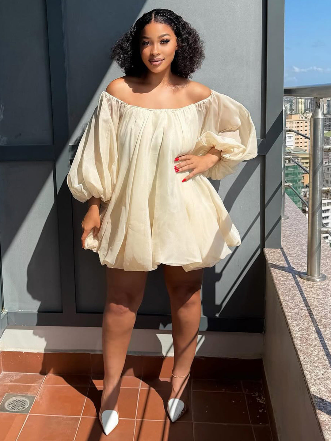 Women's Fashionable And Sexy Off-Shoulder Puff-Sleeve Dress With Boat Neck For Plus-Size Ladies