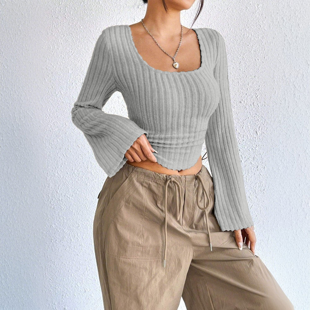 Autumn And Winter New Women's Fashion Elegant Style T-shirt Square Neck Bell Long Sleeve Top