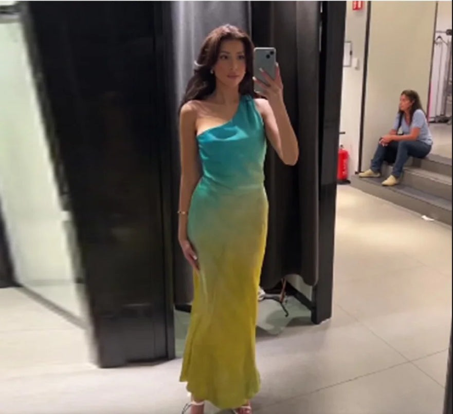 Women's Asymmetric Silk Satin Texture Backless Fashion Dress