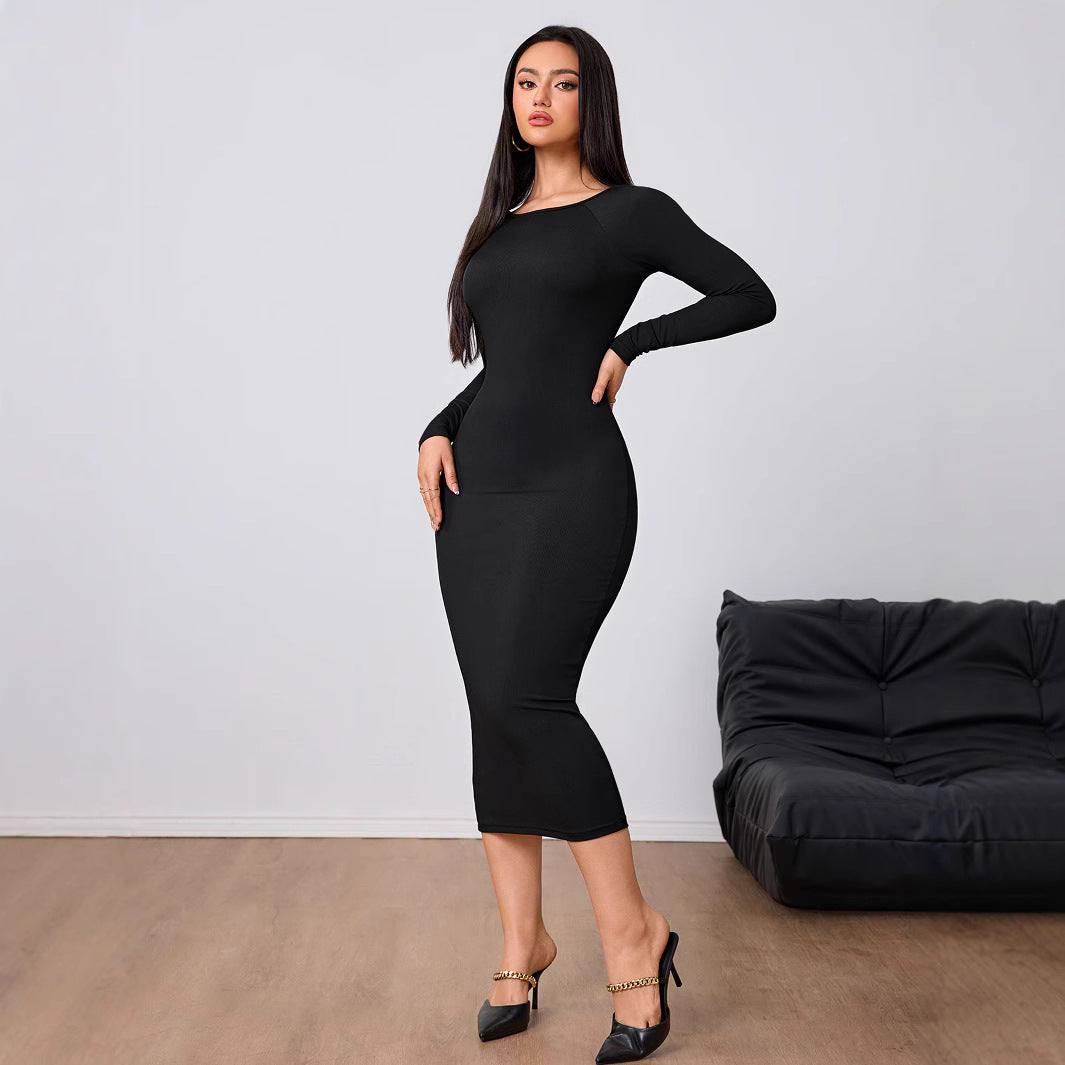 Women's Fashion Simple Dress Autumn Winter Sexy Backless Bodycon Midi Skirt