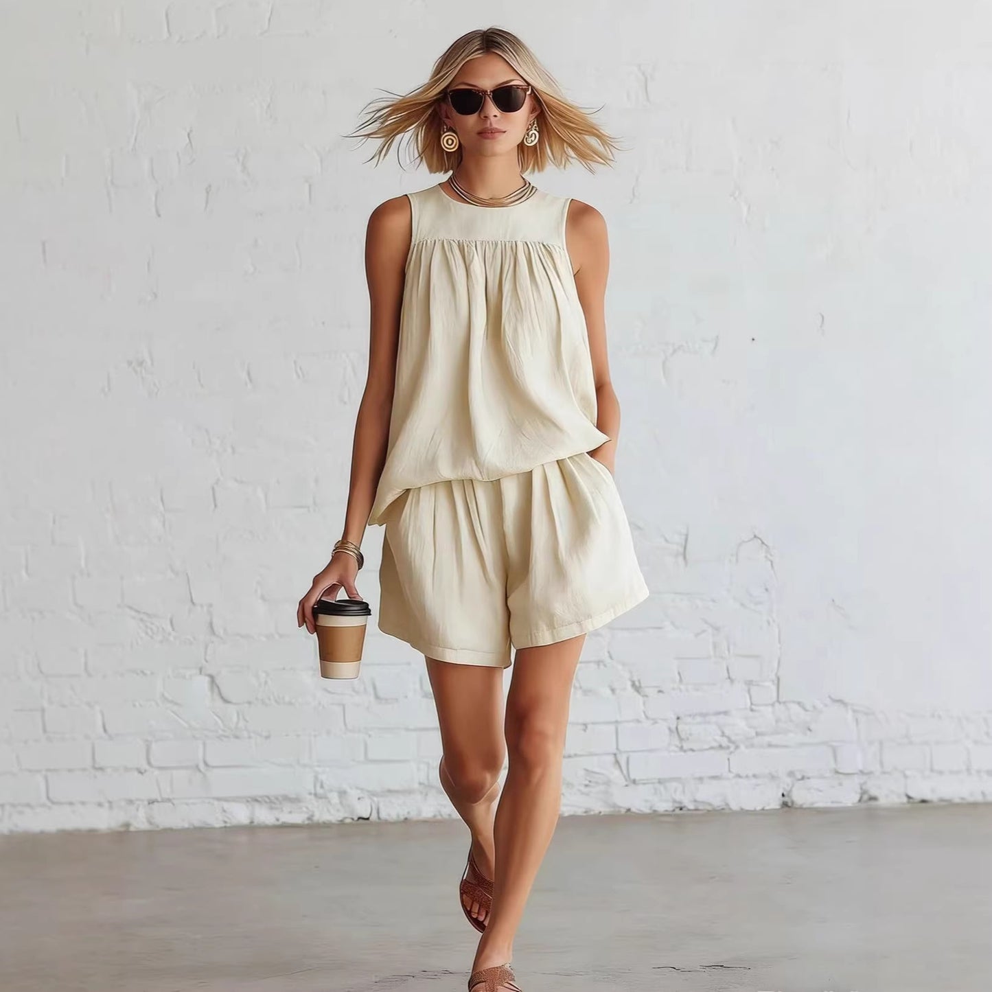 Womens Fashionable Retro Cotton-Linen Sleeveless Top And Wide-Leg Shorts Set