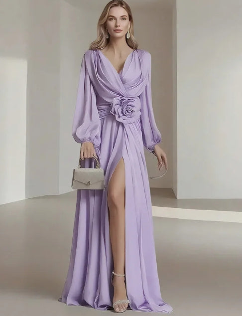 Flower Pleated Chiffon Wedding Dress Long Buff Sleeve Flowy V-neck Maxi Dress