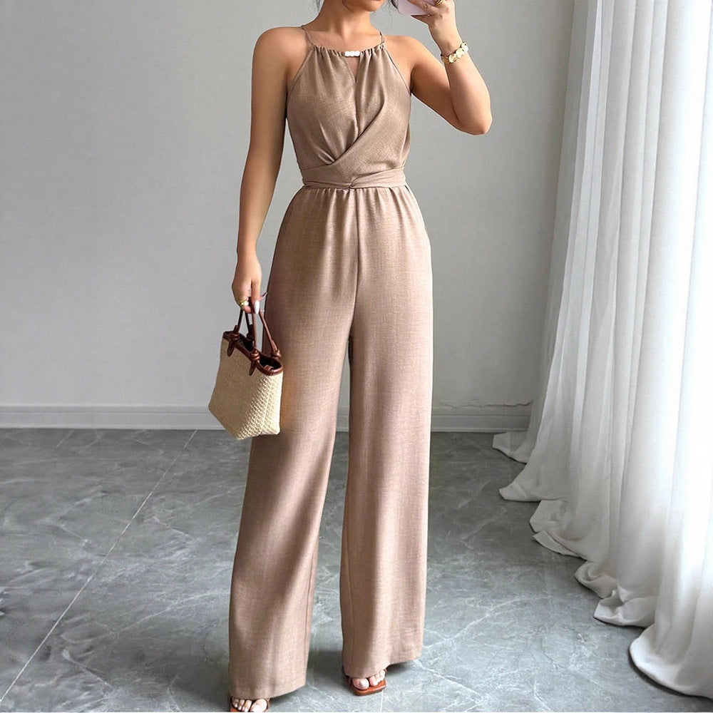 Cinched Waist Sleeveless Tie Up Halter Neck Off Shoulder Comfortable Jumpsuit