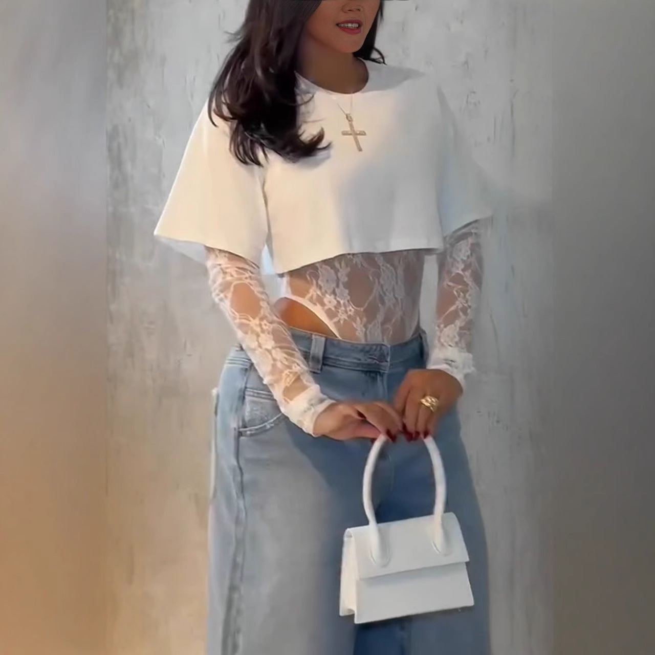 Round-neck Long-sleeve Irregular Top Lace Jumpsuit Two-piece Set